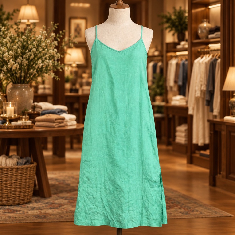 Saks Fifth Avenue Dress Womens M Green 100% Linen Maxi Slip Spaghetti Strap